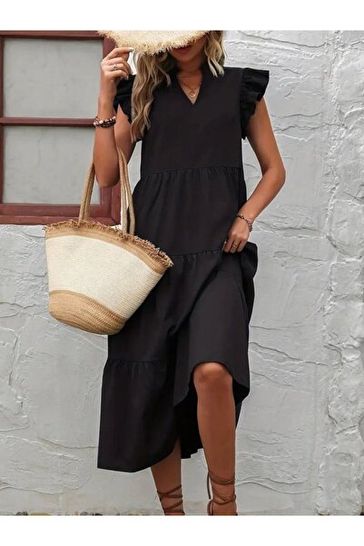 Viyamo New Season Women's Short Sleeve V-Neck Wide Cut Long Tricot Dress