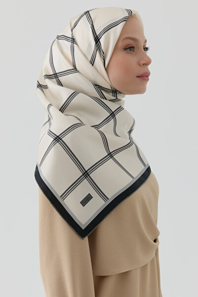 Tuğba Kare Çizgi Desenli Twill İpek Eşarp - Beyaz