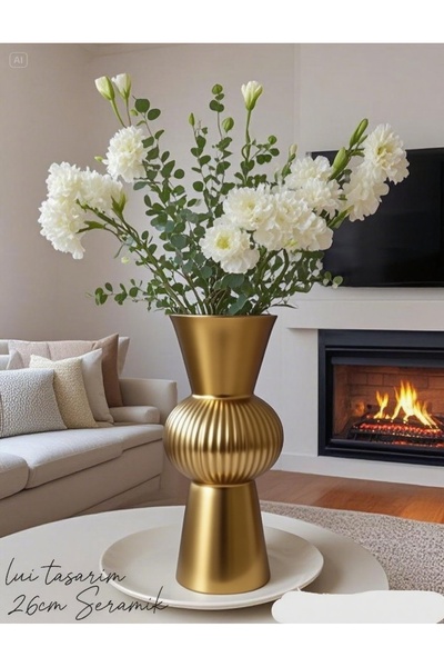 Lui Tasarım Gold Color Ceramic Tall Bohemian Large Size Ceramic Nordic Style Stylish Simple Scandinavian Style Vase 26cm