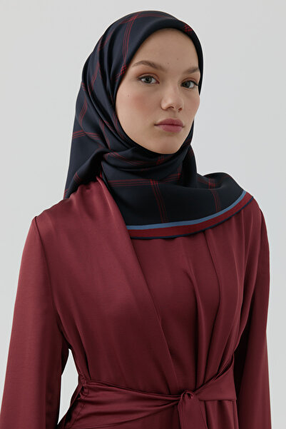 Tuğba Kare Çizgi Desenli Twill İpek Eşarp - Lacivert