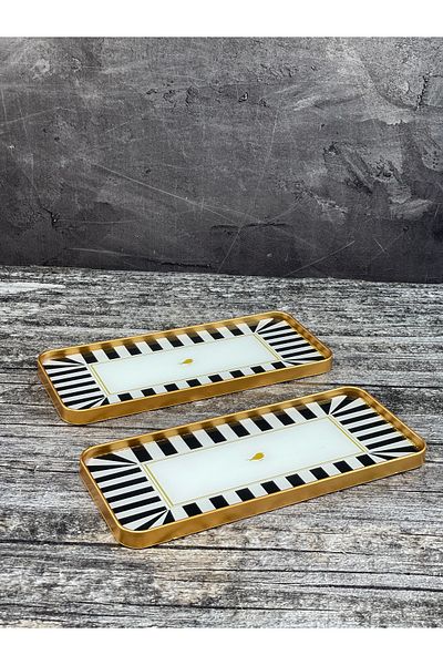 YzHome 2-Person Gold Detailed Black Presentation Serving Tray Patterned Tray Decorative Rectangular