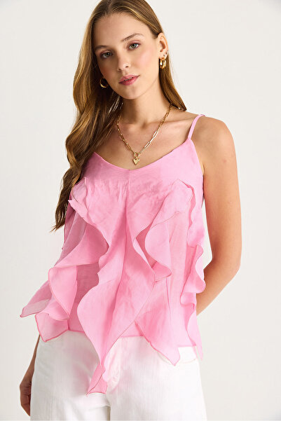 Bianco Lucci Kadın V Yaka Fırfırlı Volanlı Askılı Bluz Hafif Transparan Bluz 60283511