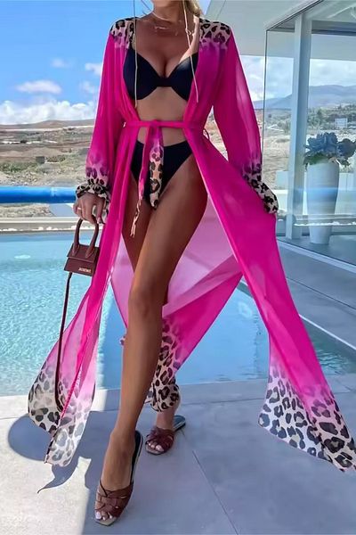 Nana & Mayka Moda Kimono lung de plajă din șifon fucsia pentru femei – rochie pareo ușoară de vară, deschisă în față, cu centură