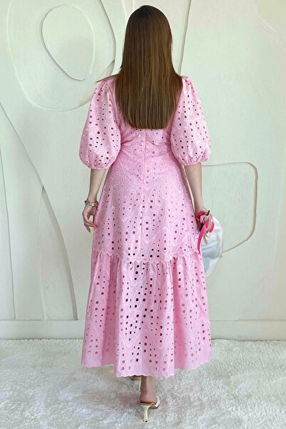 Elbee Fashion Woman Balloon Sleeve Detailed Low-Cut Brode Dress