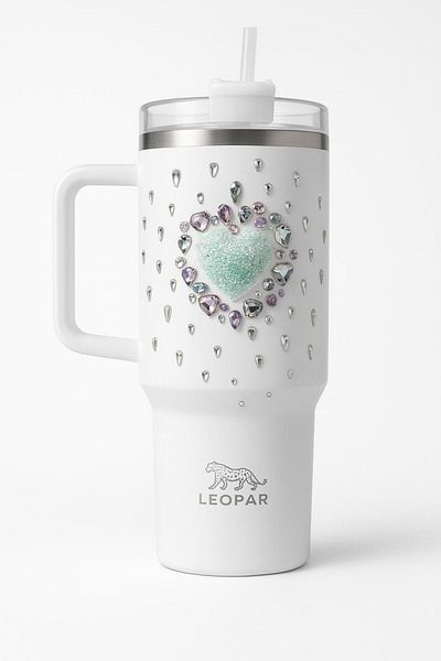 Elista 1.2 Liter Steel Thermos with Straw and Handle, White with Stone Embroidery on Color