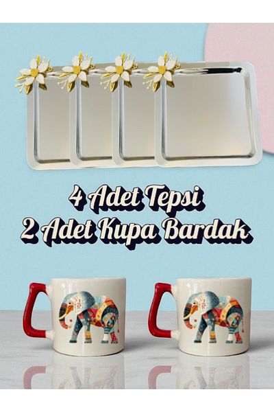 lili hediyelik 4-Piece Daisy Tray Coffee Presentation Tray 21X21 cm 2-Piece Elephant Coffee Cup Mug Cup