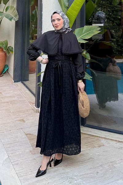 lamelif Baby Collar Detailed Belted Fisto Dress Black