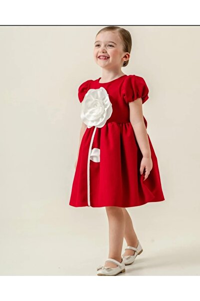 Eray Kids Gül Detaylı Kız Çocuk Kırmızı Elbise