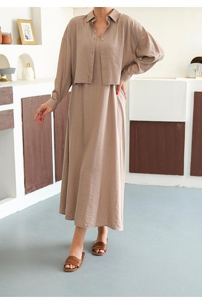 FMN Collection Midi Length Casual Stylish Dress Button Design Shirt Hijab Compatible Multiple Double Suit Strap Loose Fit