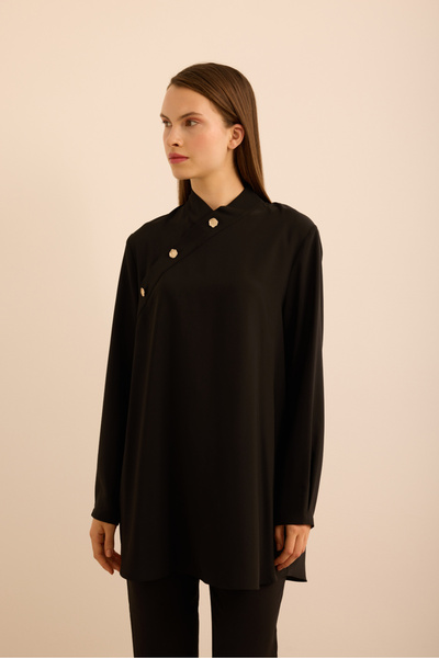 Aker Yakası Asimetrik , Metal Düğme Detaylı Dokuma Tunik
