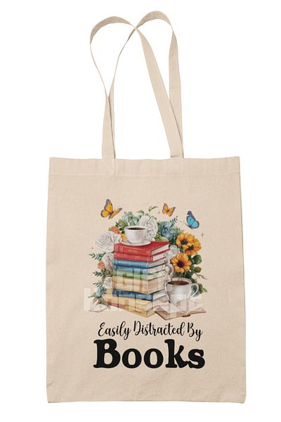 giftkonsept Easy Distracted by Books Themed Book Lover Focus Problem Printed Gift Organic Raw Cloth Bag