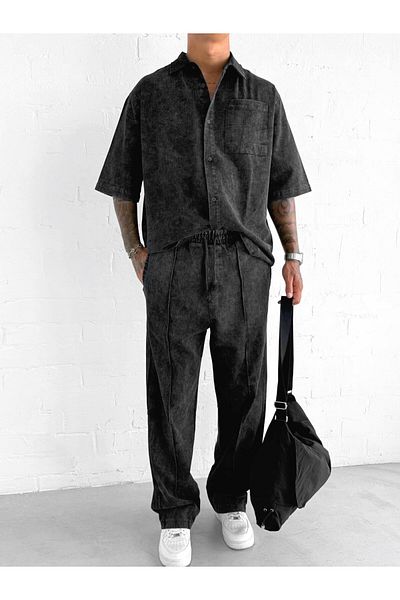 ablukaonline Men's Baggy Fit Washed Elastic Waist Trousers Black