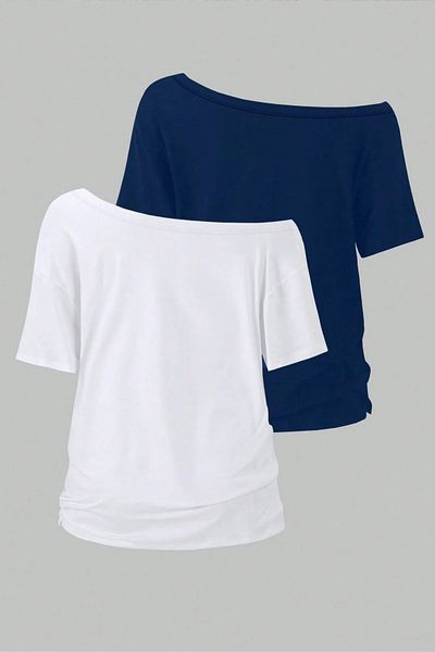 Tarz Cool Navy Blue White 2-Pack Women's Off Shoulder Boat Neck Oversize T-Shirt