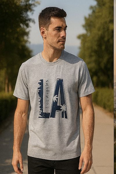 Maccali Men's Crew Neck Cotton Text Print Gray T-Shirt