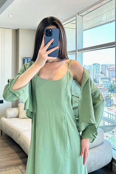 FMN Collection Midi Length Casual Stylish Dress Button Design Shirt Hijab Compatible Multiple Double Suit Strap Loose Fit