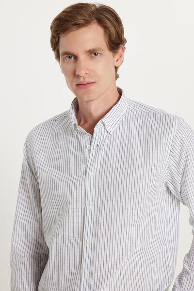 Tudors Men's Slim Fit Slim Fit Buttoned Sports Collar Linen Effect 100% Cotton Green Striped Summer Shirt