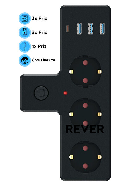 Rever Akım Korumalı 3'lü Priz 3x USB / 1x Type-C / 3x Priz Duvar Tipi Çoğaltıcı