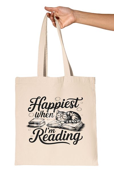 giftkonsept Happiest When I Am Reading Written Book Lover Happiness Printed Gift Organic Raw Cloth Bag