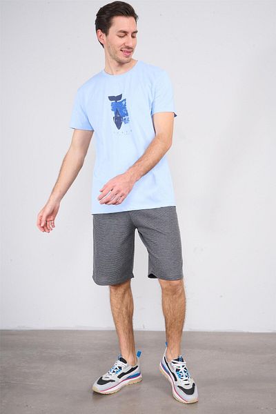 Çetinkaya Chester Polo 3861 Crew Neck 30/1 Combed Cotton Slimfit Printed T-Shirt Blue