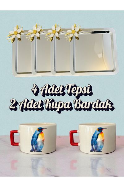 lili hediyelik 4-Piece Daisy Tray Coffee Presentation Tray 21X21 cm - 2-Piece Penguin Small Coffee Cup Mug