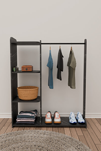 Remaks TARZ AÇIK ELBİSE DOLABI KONFEKSİYON ASKISI PORTMANTO ASKILIK-SİYAH MERMER DESEN