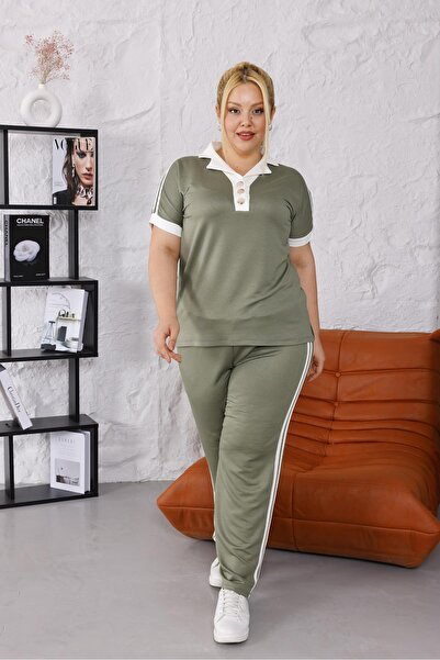 Siyezen Büyük Beden Gold Düğme Detaylı Polo Yaka Modal Kumaş Takım