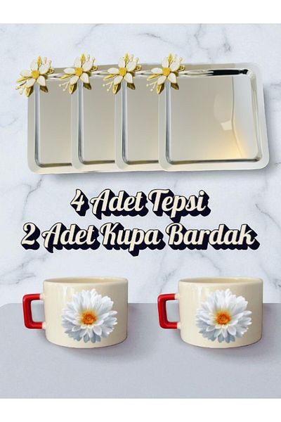 lili hediyelik 4-Piece Daisy Tray Coffee Presentation Tray 21X21 cm - 2-Piece Daisy Small Coffee Cup Mug