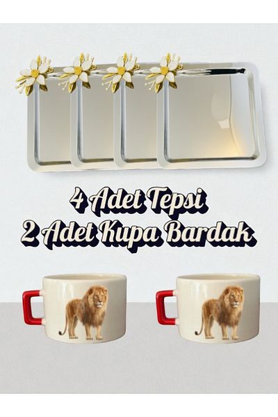 lili hediyelik 4-Piece Daisy Tray Coffee Presentation Tray 21X21 cm - Small Coffee Cup Mug with 2 Lions