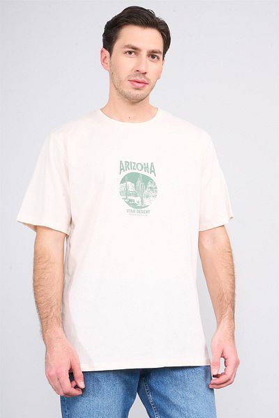 Çetinkaya Chester Polo 3850 Crew Neck 30/1 Combed Cotton Regular Printed T-Shirt Dark Cream