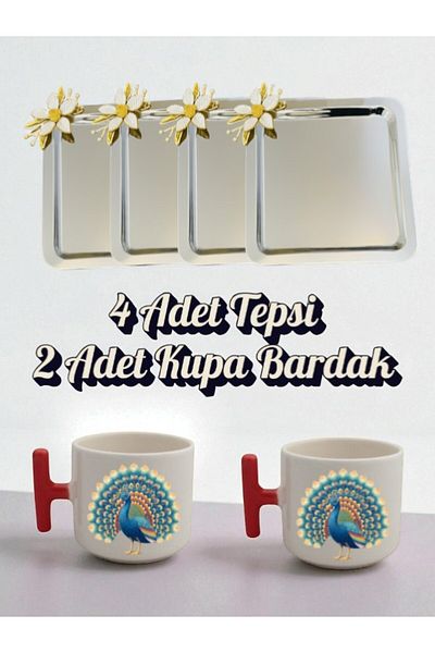 lili hediyelik 4-Piece Daisy Tray Coffee Presentation Tray 21X21 cm - 2-Piece Peacock Red Handled Coffee Cup