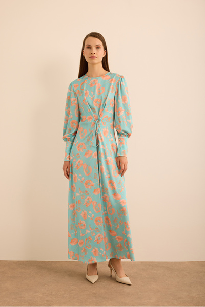 Aker Çiçek Desenli Beli Bağlama Detaylı Elbise