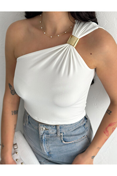 dignus One Shoulder Accessory Detail Crop Sandy Fabric Bluz