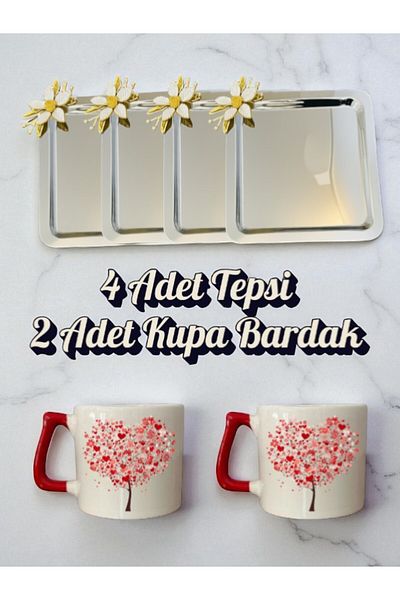 lili hediyelik 4-Piece Daisy Tray Coffee Presentation Tray 21X21 cm - 2-Piece Heart Coffee Cup Mug Cup