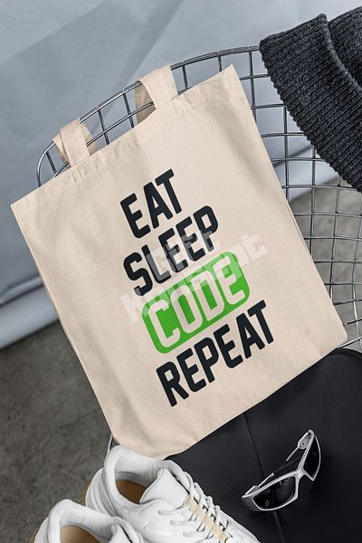 giftkonsept Eat Sleep Code Repeat 2 Printed Software Printed Gift Organic Raw Cloth Bag