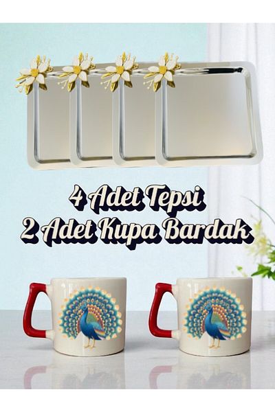 lili hediyelik 4-Piece Daisy Tray Coffee Presentation Tray 21X21 cm - 2-Piece Peacock Coffee Cup Mug Cup