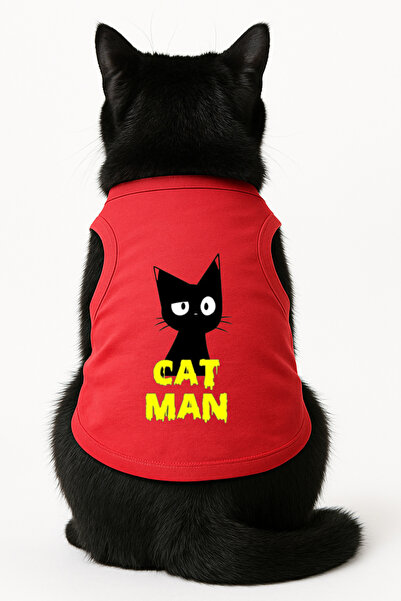 Buddy Store ملابس قطط - قميص داخلي مطبوع عليه Catman باللون الأحمر - مقاس L
