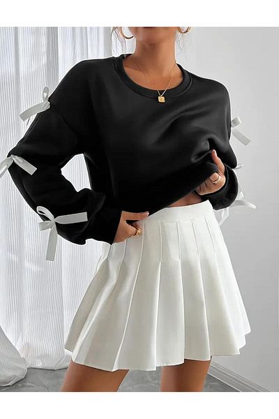 caddekombin Women's White Ribbon and Bow Sleeve Crew Neck Black Sweatshirt