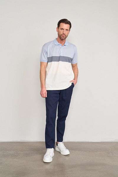 Çetinkaya Chester Polo 3771 Men's Polo Neck Ringel Report Pique T-Shirt Light Blue - Cream