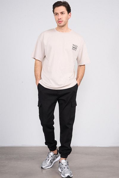 Çetinkaya Chester Polo 3842 Crew Neck 30/1 Combed Cotton Oversize Printed T-Shirt Mink
