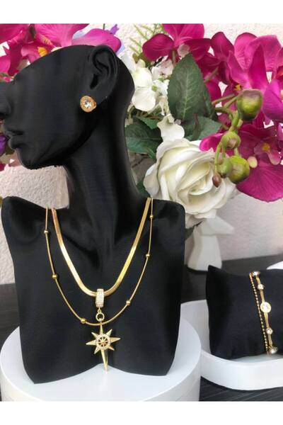 Gold Pırlanta Bijuteri Altın Kaplama Çelik Zirkon 2Li Sıralı Kolye, Sıralı Bileklik Saat Temalı Küpe Kombin Set