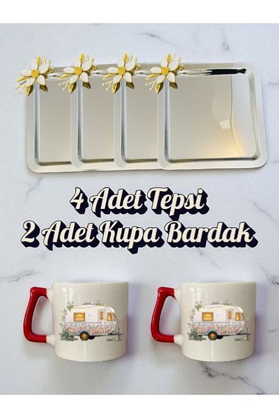 lili hediyelik 4-Piece Daisy Tray Coffee Presentation Tray 21X21 cm - 2-Piece Caravan Coffee Cup Mug Cup
