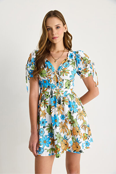 Bianco Lucci Kadın Çiçek Desenli Fiyonk Detaylı Mini Elbise 602 60283503