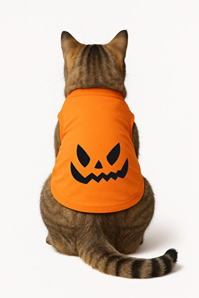 Buddy Store Cat Outfit Clothes Singlet - Halloween Printed Orange Singlet - Size L