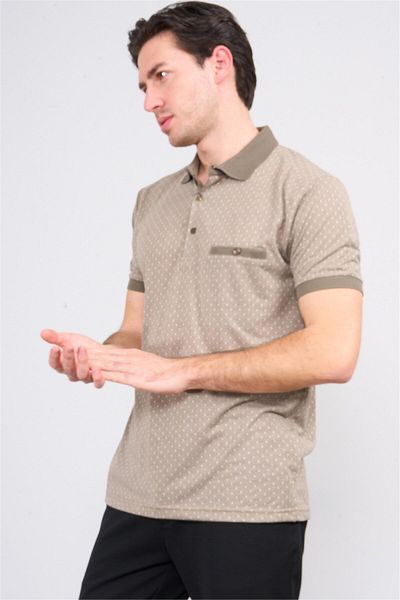 Mentality 3774 Men's Polo Collar Houndstooth Pattern T-Shirt Mink-Beige