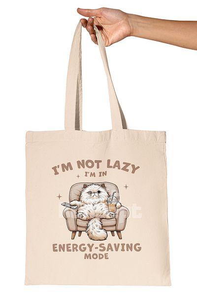 giftkonsept I Am Not Lazy I Am in Energy Save Mode Written Funny Cat Printed Gift Organic Raw Cloth Bag