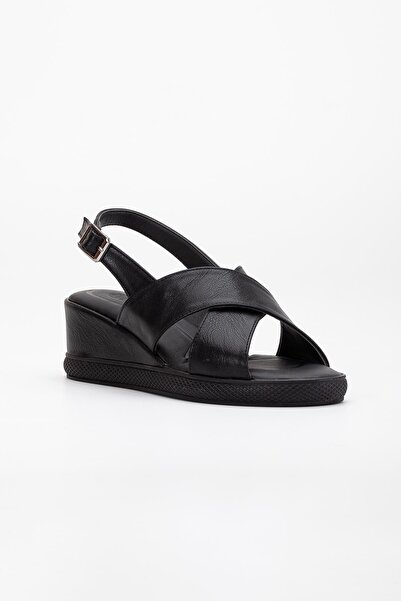 Dilimler Ayakkabı Women's Wedge Heeled Shoes Sandals Black Cross Strap Faux Leather