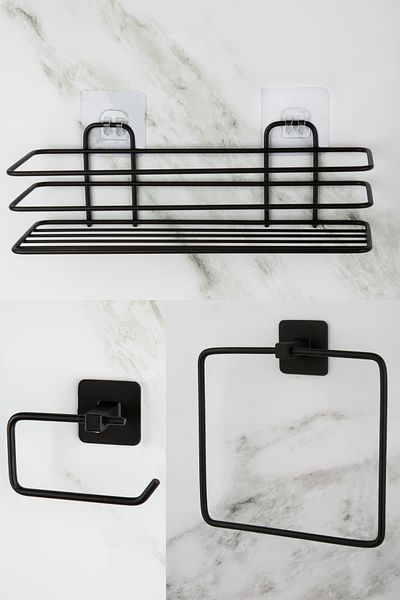 UG Home Black Bathroom Shower Shelf Adhesive Square Towel Holder Outdoor Adhesive Toilet Paper Holder 3-Piece Bathroom Set