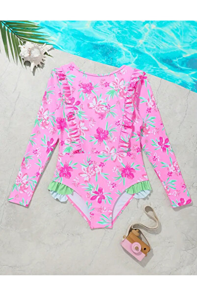 MODA Kız Çocuk Pembe Çiçek Desenli Uzun Kollu Tek Parça Mayo – Fırfırlı ve Fiyonklu