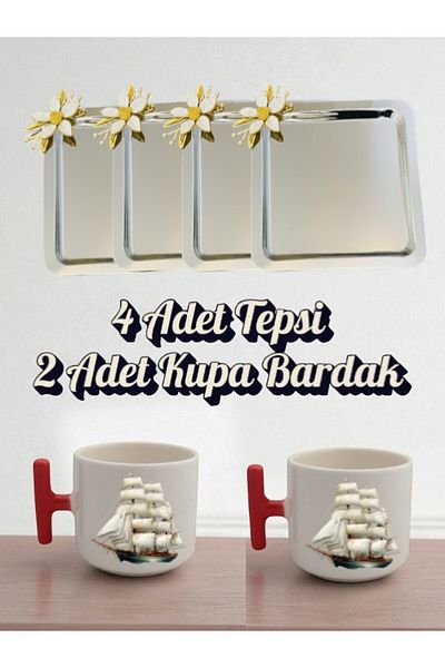 lili hediyelik 4-Piece Daisy Tray Coffee Presentation Tray 21X21 cm - 2-Piece Ship Red Handled Coffee Cup