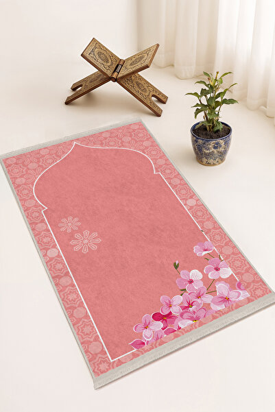 Realhomes Pembe Çiçekli Mihrap Desenli Dijital Baskılı Kaymaz Tabanlı Saçaklı...